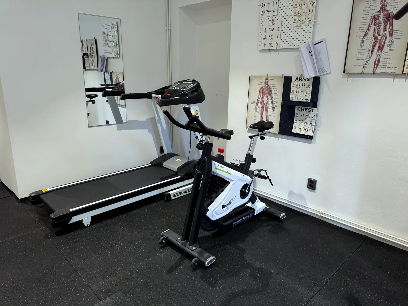 Cvičební kout s běžeckým pásem a kardio kolem v posilovně Pražačka Private Gym